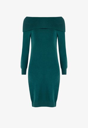Abito a maglia color turchese con scollo off-the-shoulder, texture a coste, forma aderente e maniche lunghe. Materiale in maglia morbido, design al ginocchio.