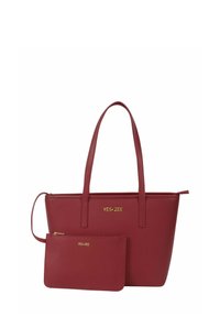 Borsa a tracolla in ecopelle rossa con due manici, caratterizzata da un logo dorato. Include un piccolo borsellino coordinato con chiusura a zip.