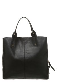 Musta nahkainen ostoskassi, jossa on teksturoitu pinta, kaksi yläkahvaa, kultasävyinen metalliosuus ja vetoketjuyksityiskohta yhdellä sivulla.