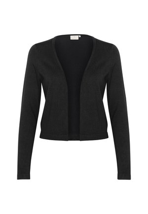 Cardigan nero in un tessuto lavorato a maglia, design aperto sul davanti, maniche lunghe, vita aderente e polsini a coste senza bottoni o decorazioni.