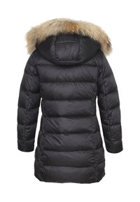 Cappotto invernale trapuntato nero con cappuccio attaccato foderato in pelliccia marrone chiaro, mostrato di spalle.