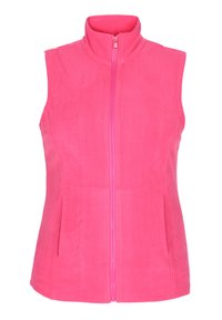 Fényes rózsaszín polármellény magas gallérral, elülső cipzárral és ujjatlan kialakítással. Oldalsó zsebekkel rendelkezik, és puha tapintású.