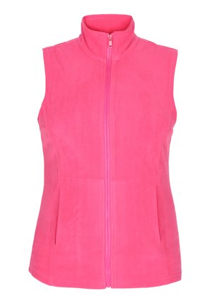 Fleece vest i lys pink med høj krave, frontlynlås og uden ærmer. Har sidelommer og en blød tekstur.