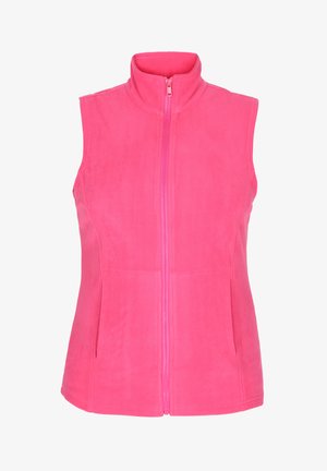 Fleece vest i lys pink med høj krave, frontlynlås og uden ærmer. Har sidelommer og en blød tekstur.