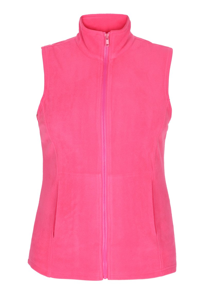 Fényes rózsaszín polármellény magas gallérral, elülső cipzárral és ujjatlan kialakítással. Oldalsó zsebekkel rendelkezik, és puha tapintású.