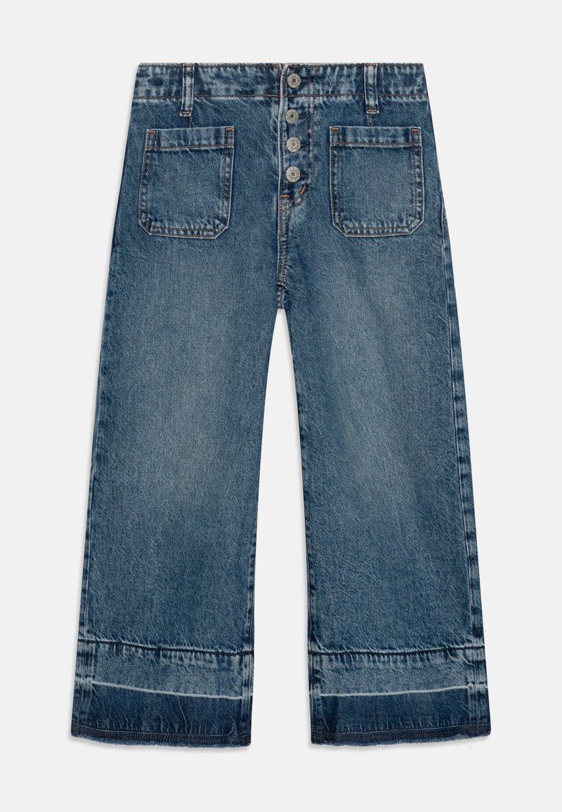 Mėlynos džinsinės plačios kelnės su aukštu liemeniu, penkių mygtukų uždarymu priekyje ir dviem kišenėmis su ištrynimu apatine dalimi.