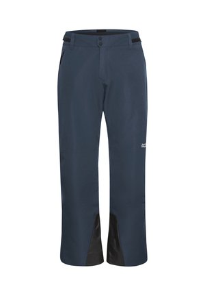 Marine buitenbroeken met een gladde textuur, voorzien van zwarte accentpatches bij de boorden, een knoopsluiting en zijzakken.