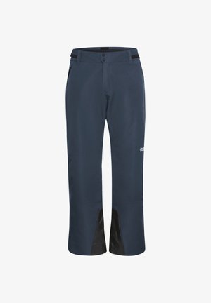 Marinefarbene Outdoor-Hosen mit glatter Textur, ausgestattet mit schwarzen Akzent-Patches an den Säumen, einem Knopfverschluss und seitlichen Taschen.