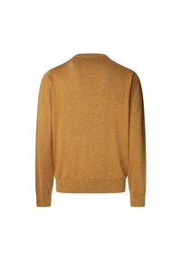 Sweter dzianinowy w złotym żółtym kolorze, z okrągłym dekoltem, długimi rękawami, ściśniętymi mankietami i dołem, gładką strukturą oraz jednolitym wzorem.