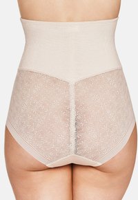High-waisted shaping brief in light beige, featuring textured lace with a floral pattern and smooth waistband for support and coverage.