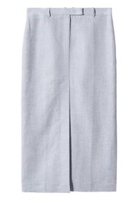 Jupe crayon gris clair longueur genou avec fente centrale avant et passants pour ceinture, en tissu texturé.