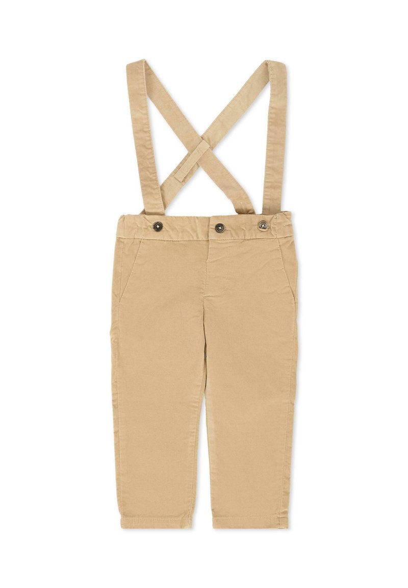 Pantalon en coton beige avec des bretelles croisées ajustables, des poches avant et deux boutons à l'avant. Coupe droite avec une texture lisse.