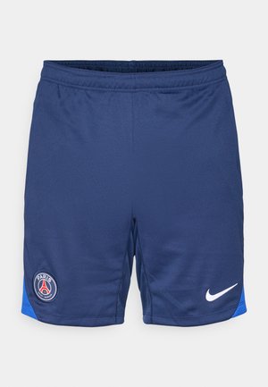 Shorts de football navy en tissu respirant, avec un accent bleu sur l'ourlet et un logo circulaire de Paris sur la cuisse gauche, accompagnés d'un swoosh blanc de Nike.