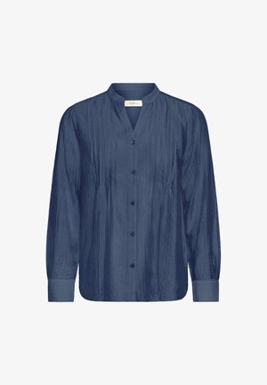 Langärmlige Bluse in Marineblau mit vertikalen Biesen, Stehkragen, durchgehender Knopfleiste und geknöpften Ärmeln.