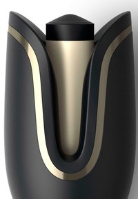 Schlichte schwarze und goldene Flasche mit abgerundetem Kopf und sich verjüngendem Boden. Sie hat sanfte Kurven und ein zentrales goldfarbenes Akzentband.