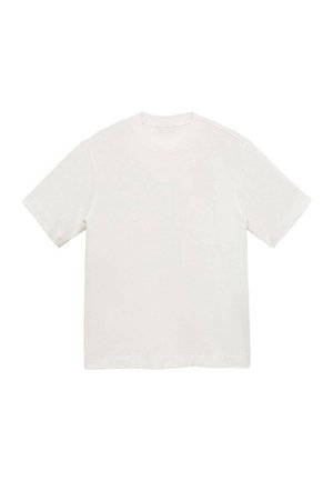T-shirt bianco a maniche corte esposto in piano, con scollatura rotonda e un design semplice e minimalista.