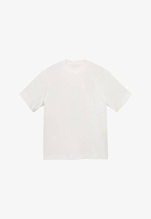 Kortærmet hvid T-shirt vist fladt, med rund hals og et enkelt, minimalistisk design.