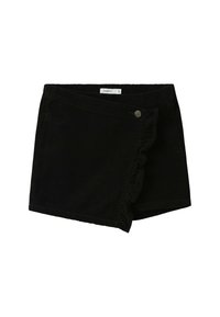 Shorts en velours côtelé noir avec une bordure à volants, une fermeture à bouton à l'avant, et un design légèrement asymétrique avec une texture lisse.