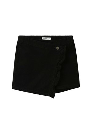 Shorts en velours côtelé noir avec une bordure à volants, une fermeture à bouton à l'avant, et un design légèrement asymétrique avec une texture lisse.