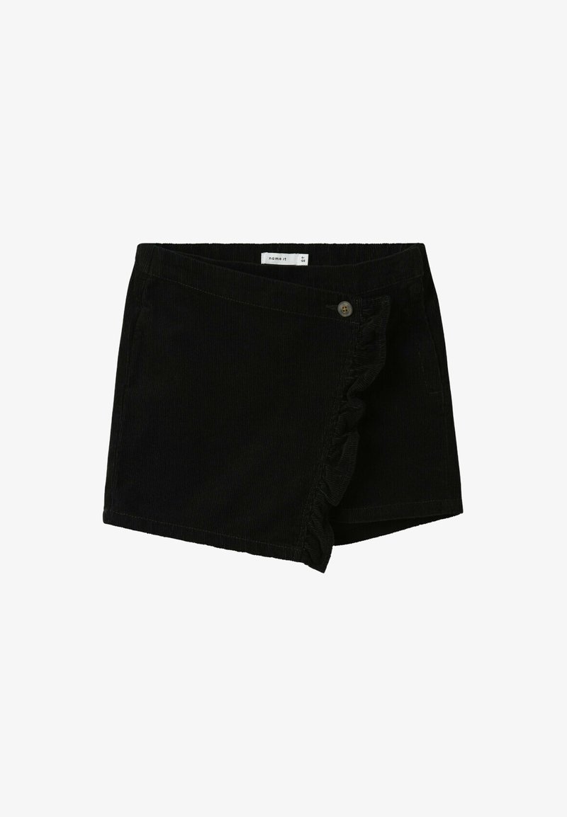 Shorts en velours côtelé noir avec une bordure à volants, une fermeture à bouton à l'avant, et un design légèrement asymétrique avec une texture lisse.