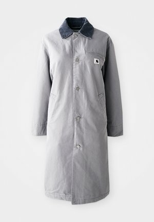Gray long coat made of durable fabric with a corduroy collar, front buttons, two side pockets, and a chest pocket with a logo patch.