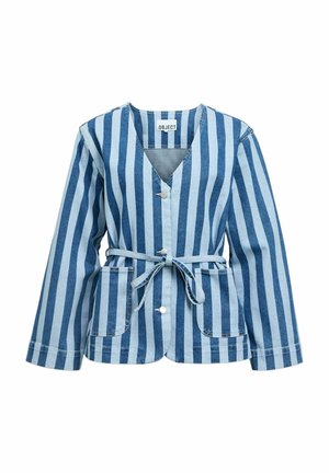 Långärmad jeansjacka i blått och ljusblått med ränder, framknäppning, två fickor och ett midjebälte.