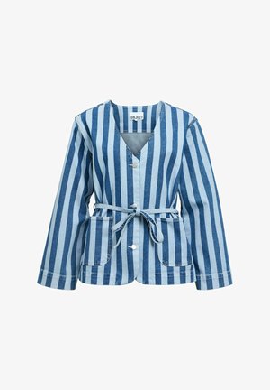 Blaues und hellblau gestreiftes langärmeliges Jeansjackett mit vorderen Knöpfen, zwei Taschen und einem Taillengürtel.