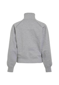 Grauer Pullover mit Stehkragen, gerippten Bündchen und Saum. Verfügt über Raglanärmel und eine weiche, glatte Textur. Rückansicht zeigt keine Logos.