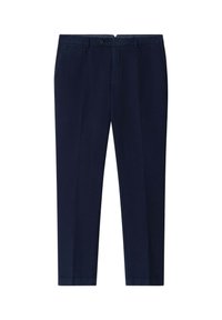 Pantalon bleu marine à jambes droites avec fermeture avant par bouton et zippée, poches latérales et passants pour ceinture.