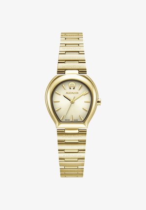 Orologio Aigner in tonalità oro con cassa a forma di goccia, quadrante beige testurizzato, indici orari allungati e bracciale a maglie abbinato.