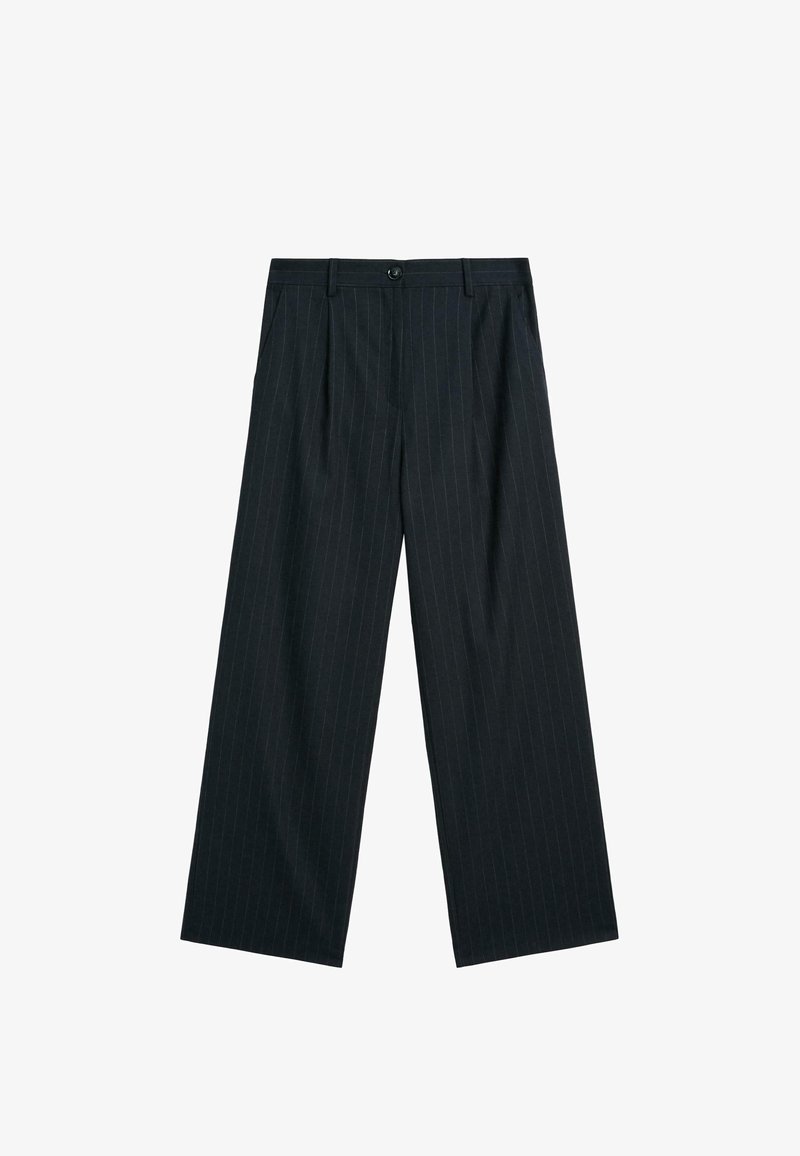 Donker gestreepte wijde broek met knopsluiting, plooien aan de voorkant en een gladde textuur. Stretchstof voor comfort.