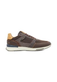 Brown suede and leather sneakers with a tan heel, lace-up design, and contrasting sole. Features a small logo and textured accents.