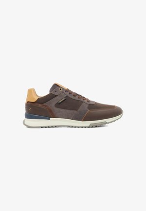 Brown suede and leather sneakers with a tan heel, lace-up design, and contrasting sole. Features a small logo and textured accents.