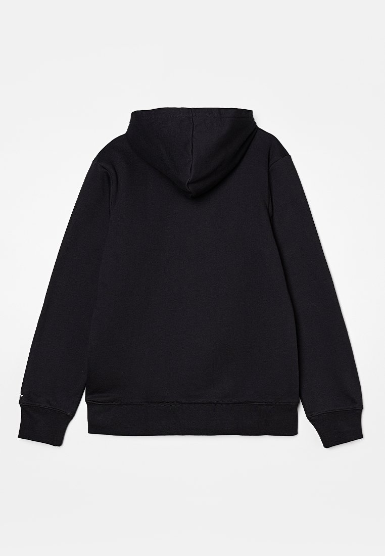 Sweatshirt à capuche noire en tissu doux, offrant une coupe décontractée, des manches longues et des poignets côtelés. Design uni, sans logos visibles.