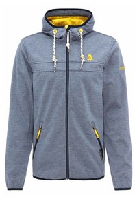 Grå zip-jacka med huva, som har en gul innerfoder, gula dragkedjedetaljer och två sidfickor. Tillverkad av en texturerad tyg.
