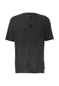 Schwarzes, kurzärmliges Henley-Shirt aus geripptem Stoff. Verfügt über einen runden Halsausschnitt und Knöpfe entlang der Knopfleiste. Gerader Saum.