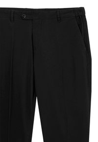 Pantalons noirs en tissu lisse avec une coupe droite. Comprend une fermeture à bouton, des poches latérales et une taille élastique.