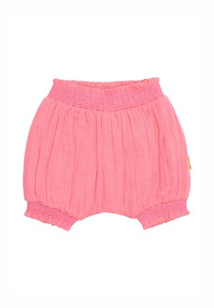 Shorts in cotone rosa con vita e orli elasticizzati e arricciati; presentano un design testurizzato e gather. Nessuna tasca o dettaglio aggiuntivo.