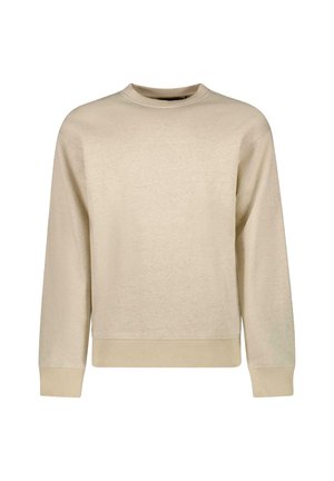 Beige sweatshirt gemaakt van zacht materiaal, met lange mouwen, een ronde halslijn en ribgebreide manchetten en zoom, met subtiele branding op de borst.