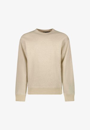 Beige sweatshirt gemaakt van zacht materiaal, met lange mouwen, een ronde halslijn en ribgebreide manchetten en zoom, met subtiele branding op de borst.