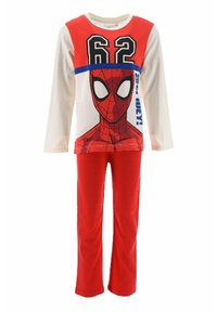 Rot und weißes Kinder-Pyjama-Set mit einem Spiderman-Motiv auf dem Oberteil, langen Ärmeln und passenden roten Hosen.