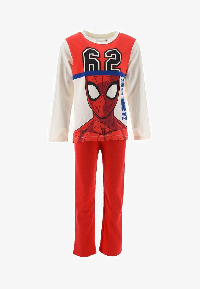 Red and white children's pajama set featuring a graphic of Spiderman on the top, long sleeves, and matching red pants.