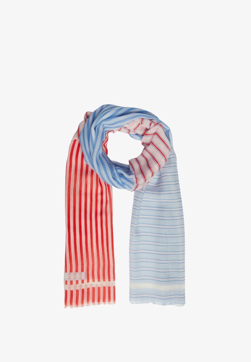 Gestreepte sjaal met rode en blauwe tinten, met afwisselend volle en dunne strepen, gemaakt van lichtgewicht stof met franjes.