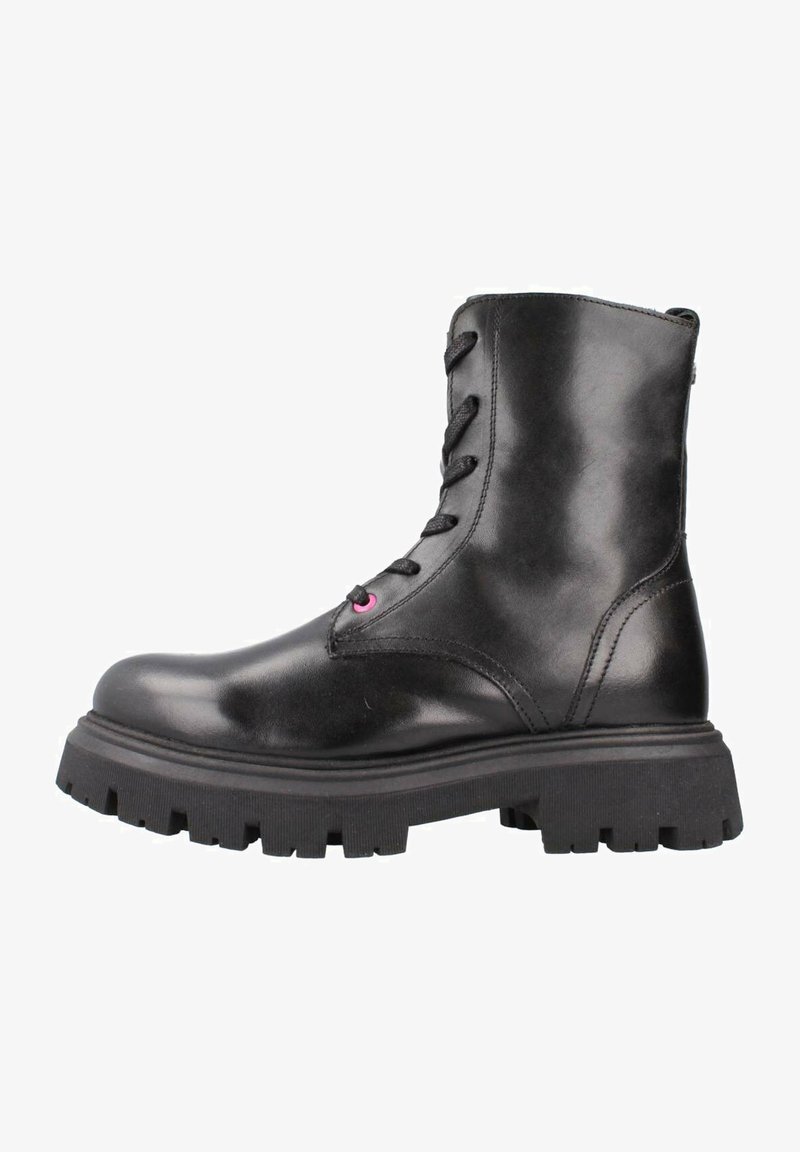 Bottine noire en cuir avec une finition lisse, laçage à l'avant et accents roses. Caractérisée par une robuste semelle en caoutchouc noir avec des crampons.