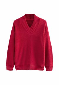 Czerwony sweter w serek z teksturowanej tkaniny. Posiada prążkowane mankiety i dół, luźny krój oraz szerokie rękawy.