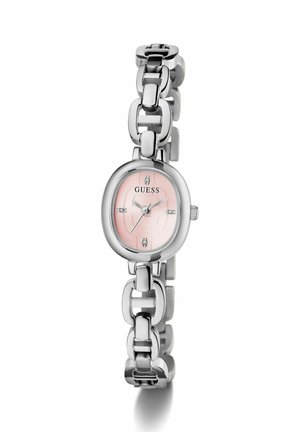 Zilverkleurig horloge met een roze wijzerplaat, ovale kast en een schakelband. Het heeft drie uurmarkeringen en een kroon aan de zijkant.