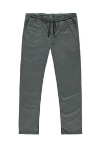 Grijze fleece broek met elastische tailleband en zwarte trekkoord, zijzakken, rechte pasvorm.