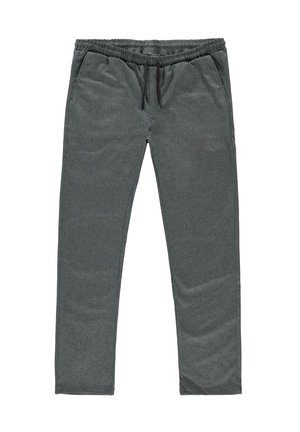 Grijze fleece broek met elastische tailleband en zwarte trekkoord, zijzakken, rechte pasvorm.