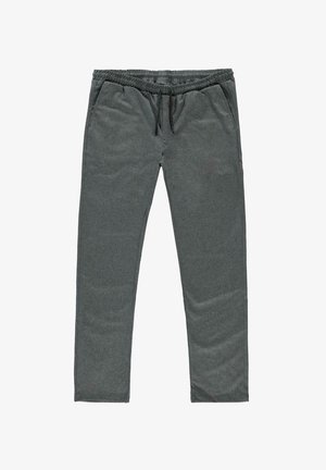Grijze fleece broek met elastische tailleband en zwarte trekkoord, zijzakken, rechte pasvorm.