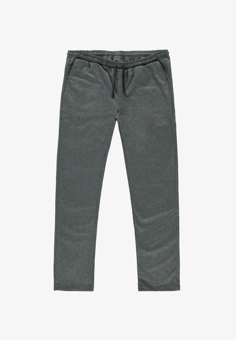 Grijze fleece broek met elastische tailleband en zwarte trekkoord, zijzakken, rechte pasvorm.